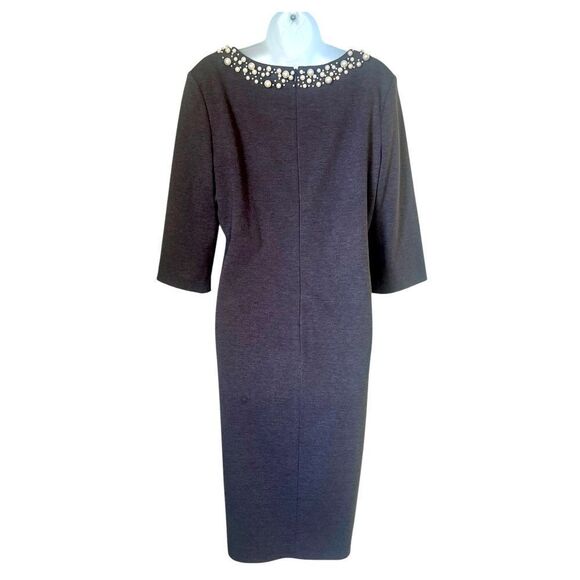 Leslie Fay Pearl Embellished Gray Winter Sheath Dress Size 16 - Picture 3 of 10